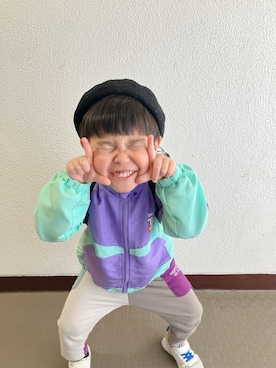 「しまむら（シマムラ）のアイテム（ブルゾン、パープル系）」を使った、りんちゃんのさん（キッズ・100cm）の春コーディネート