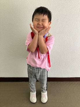「しまむら（シマムラ）のアイテム（Tシャツ/カットソー、ピンク系）」を使った、りんちゃんのさん（キッズ・110cm）の夏コーディネート