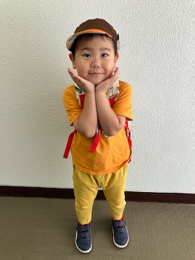 「H&M（エイチ・アンド・エム）のアイテム（Tシャツ/カットソー、オレンジ系）」を使った、りんちゃんのさん（キッズ・100cm）の夏コーディネート
