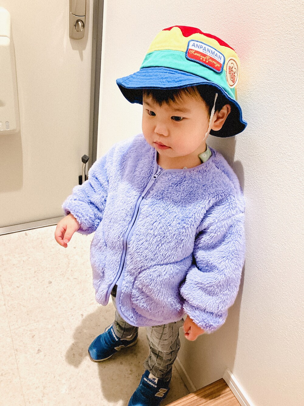 「登園スタイル、モコモコアウター、GU、フリース」｜「GUのアイテム（その他アウター、ピンク系）」を使った、りんちゃんのさん（キッズ・90cm）の冬コーディネートの1枚目の写真