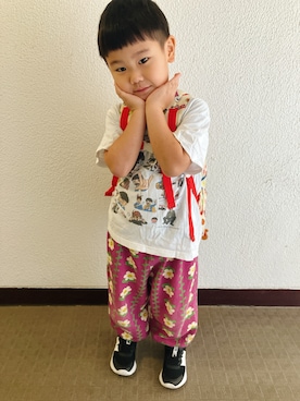 「WIGGLE WIGGLE（ウィグルウィグル）のアイテム（スウェットパンツ、パープル系）」を使った、りんちゃんのさん（キッズ・110cm）の秋コーディネート