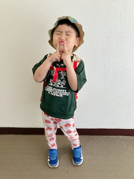 「GU（ジーユー）のアイテム（Tシャツ/カットソー、グリーン系）」を使った、りんちゃんのさん（キッズ・100cm）の春コーディネート