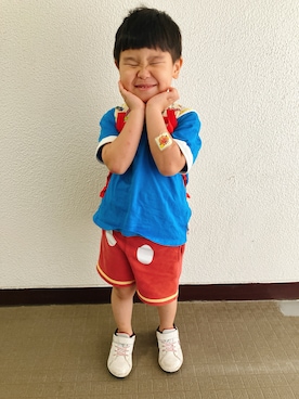 「しまむら（シマムラ）のアイテム（パンツ、レッド系）」を使った、りんちゃんのさん（キッズ・110cm）の秋コーディネート