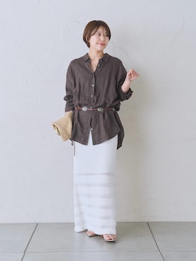 「RIVE DROITE（リヴドロワ）の予約【7色展開/日焼け・冷房対策/手洗い可】リネンワイドシャツ（シャツ/ブラウス、ブラウン系）」を使った、ｍｉｎａｍｉさん（レディース・160cm）の春コーディネート
