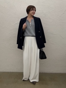 「RIVE DROITE（リヴドロワ）の手洗い可/タックワイドスラックス（スラックス、ホワイト系）」を使った、ｍｉｎａｍｉさん（レディース・160cm）の秋コーディネート