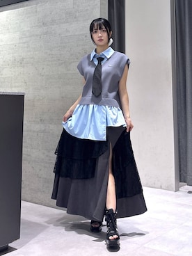 「HARE（ハレ）のネクタイネックレス(HARE)（ネクタイ、ブラック系）」を使った、ぽんさん（レディース・155cm）の夏コーディネート