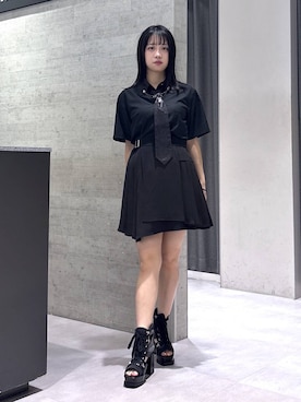 「HARE（ハレ）のパーツツキコンパクトネクタイシャツ(HARE)（シャツ/ブラウス、ブラック系）」を使った、ぽんさん（レディース・155cm）の夏コーディネート