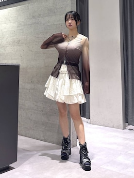 「HARE（ハレ）の2WAYスクエアラメニットタンクトップ(HARE)（タンクトップ、グレー系）」を使った、ぽんさん（レディース・155cm）の夏コーディネート
