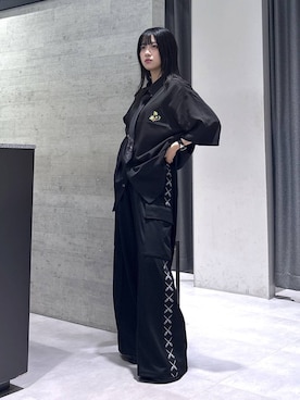「HARE（ハレ）の【新世紀エヴァンゲリオン×HARE】カーゴラインパンツ(HARE)（カーゴパンツ、ブラック系）」を使った、ぽんさん（レディース・155cm）の夏コーディネート