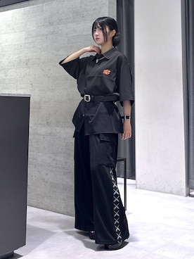 「HARE（ハレ）の【新世紀エヴァンゲリオン×HARE】カーゴラインパンツ(HARE)（カーゴパンツ、ブラック系）」を使った、ぽんさん（レディース・155cm）の夏コーディネート