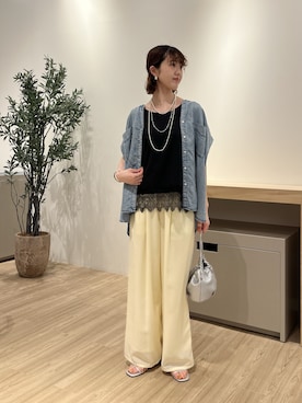 「Jena espace merveilleux(ジェナ エスパスメルヴェイユ)の【サラサラ半袖デニム】テンセルフレンチシャツ(シャツ/ブラウス、ブルー系)」を使った、moeさん(レディース・166cm)の夏コーディネート
