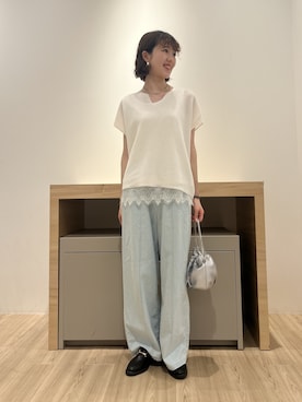 「Jena espace merveilleux(ジェナ エスパスメルヴェイユ)のカタアゼフレンチニット(ニット/セーター、ホワイト系)」を使った、moeさん(レディース・166cm)の夏コーディネート