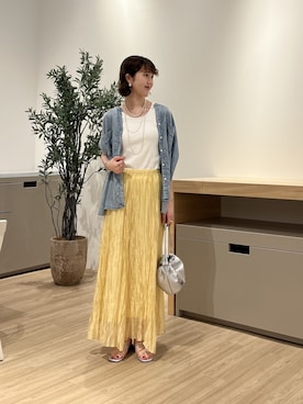 「Jena espace merveilleux(ジェナ エスパスメルヴェイユ)の【サラサラ半袖デニム】テンセルフレンチシャツ(シャツ/ブラウス、ブルー系)」を使った、moeさん(レディース・166cm)の夏コーディネート