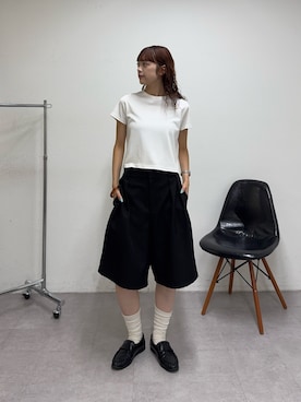 「CIAOPANIC TYPY（チャオパニックティピー）の【UNISEX】タックワイドスラックスハーフパンツ（その他パンツ、ブラック系）」を使った、Nanamiさん（レディース・166cm）の夏コーディネート