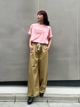 「CIAOPANIC TYPY（チャオパニックティピー）の【UNISEX】【プラスサイズあり】ポコポコメッセージロゴTEE（Tシャツ/カットソー、ピンク系）」を使った、Nanamiさん（レディース・166cm）の春コーディネート