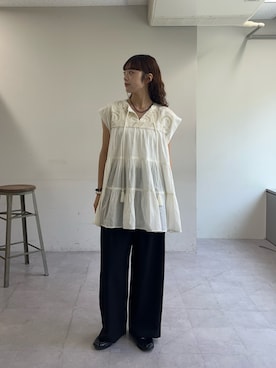 「CIAOPANIC TYPY（チャオパニックティピー）の【India】ハシゴレースティアードチュニックワンピ（シャツ/ブラウス、ホワイト系）」を使った、Nanamiさん（レディース・166cm）の夏コーディネート
