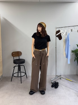 「CIAOPANIC TYPY（チャオパニックティピー）の【UNISEX】【シルエット調整可】ピグメント加工ワッフルイージーパンツ/WEB限定カラーあり（スウェットパンツ、ブラウン系）」を使った、Nanamiさん（レディース・166cm）の夏コーディネート