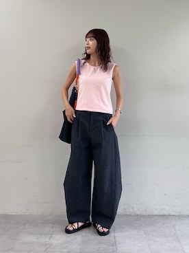 「CIAOPANIC TYPY（チャオパニックティピー）の【UNISEX】チェックカーブスラックス（その他パンツ、ブラック系）」を使った、Nanamiさん（レディース・166cm）の夏コーディネート