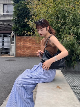 「CIAOPANIC TYPY（チャオパニックティピー）の【UNISEX】【プラスサイズあり】ストライプシアサッカーイージーパンツ（その他パンツ、ブルー系）」を使った、Nanamiさん（レディース・166cm）の夏コーディネート