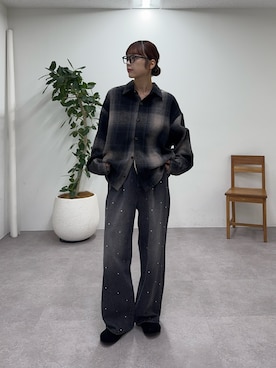 「DISCUS（ディスカス）の【DISCUS】別注シャギーチェックオーバーシャツジャケット（Shirts、ブラック系）」を使った、Nanamiさん（レディース・166cm）の秋コーディネート