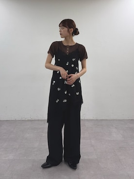 「CIAOPANIC TYPY（チャオパニックティピー）の【willow】スパンコールビーズレースアシメキャミチュニック（Tシャツ/カットソー、ブラック系）」を使った、Nanamiさん（レディース・166cm）の春コーディネート