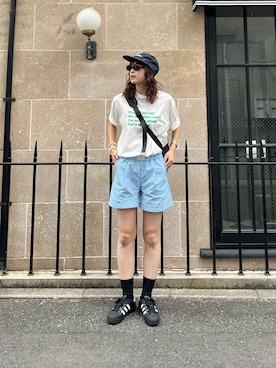 「CIAOPANIC TYPY（チャオパニックティピー）の【UNISEX】【プラスサイズあり】ポコポコメッセージロゴTEE（Tシャツ/カットソー、ホワイト系）」を使った、Nanamiさん（レディース・166cm）の夏コーディネート