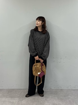 「CIAOPANIC TYPY（チャオパニックティピー）のオーバーサイズマルチボーダーロンTee（Tシャツ/カットソー、ブラック系）」を使った、Nanamiさん（レディース・166cm）の夏コーディネート