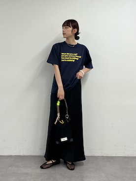 「CIAOPANIC TYPY（チャオパニックティピー）の【UNISEX】【プラスサイズあり】ポコポコメッセージロゴTEE（Tシャツ/カットソー、ブルー系）」を使った、Nanamiさん（レディース・166cm）の春コーディネート