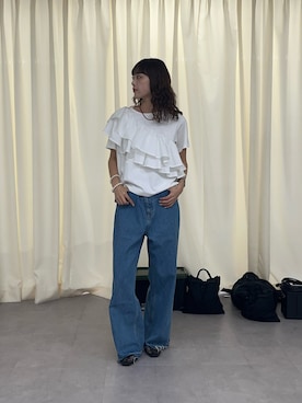 「CIAOPANIC TYPY（チャオパニックティピー）のZOZO限定アシメフリルデザインカットソー（Tシャツ/カットソー、ホワイト系）」を使った、Nanamiさん（レディース・166cm）の夏コーディネート