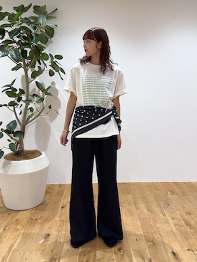 「CIAOPANIC TYPY（チャオパニックティピー）の【UNISEX】【全12色展開】メッセージプリント半袖Tee（Tシャツ/カットソー、グリーン系）」を使った、Nanamiさん（レディース・166cm）の夏コーディネート