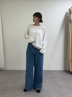 「CIAOPANIC TYPY（チャオパニックティピー）の【接触冷感/一枚で決まる】フェイクレイヤードシアースラブ刺繍オーバーTee（Tシャツ/カットソー、ホワイト系）」を使った、Nanamiさん（レディース・166cm）の春コーディネート