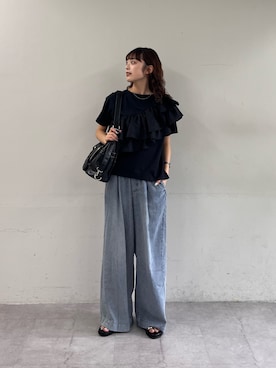 「CIAOPANIC TYPY（チャオパニックティピー）のZOZO限定アシメフリルデザインカットソー（Tシャツ/カットソー、ブラック系）」を使った、Nanamiさん（レディース・166cm）の夏コーディネート
