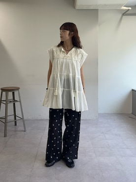 「CIAOPANIC TYPY（チャオパニックティピー）の【India】ハシゴレースティアードチュニックワンピ（シャツ/ブラウス、ホワイト系）」を使った、Nanamiさん（レディース・166cm）の夏コーディネート