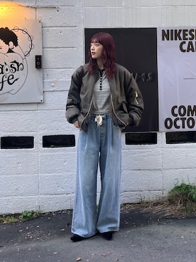 「CIAOPANIC TYPY（チャオパニックティピー）の【WEB限定】2WAYリバーシブルファーMA-1（Bomber jacket、グリーン系）」を使った、Nanamiさん（レディース・166cm）の秋コーディネート