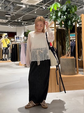 「CIAOPANIC TYPY（チャオパニックティピー）のレースクルーネックTee（Tシャツ/カットソー、ホワイト系）」を使った、sayuuuuさん（レディース・147cm）の春コーディネート