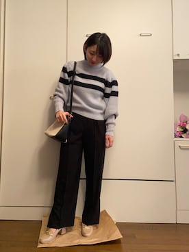 「LILY BROWN（リリーブラウン）のバリエーションボーダーニット（ニット/セーター、ブルー系）」を使った、wearharu31さん（レディース・159cm）の春コーディネート