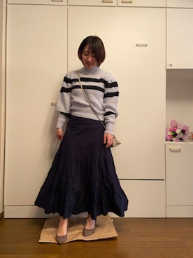 「LILY BROWN（リリーブラウン）のバリエーションボーダーニット（ニット/セーター、ブルー系）」を使った、wearharu31さん（レディース・159cm）の春コーディネート