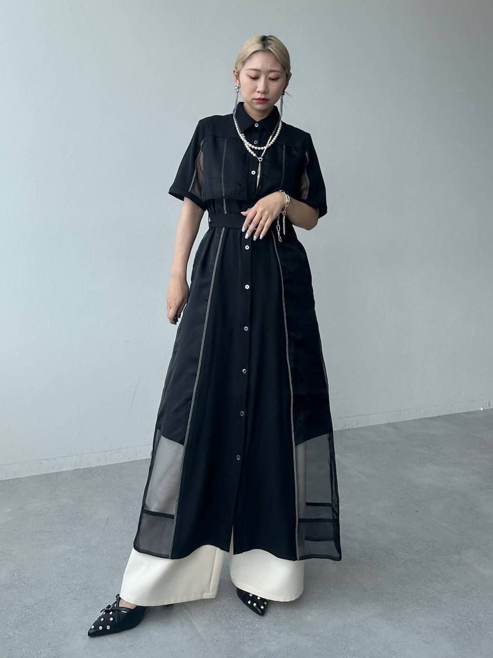 HARE パイピングシアーワンピース グリーン 半袖 パイピングシアー