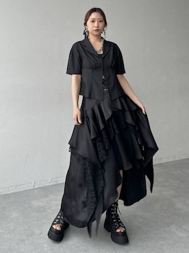 「HARE（ハレ）のサイドベルトメッシュレースアップブーサン(HARE)（サンダル、ブラック系）」を使った、hare_usamiさん（レディース・158cm）の春コーディネート