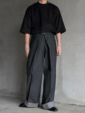 「JOHN LAWRENCE SULLIVAN（ジョンローレンスサリバン）のRIGID DENIM WIDE PANTS（デニムパンツ）」を使った、HeHOさん（メンズ・173cm）の夏コーディネート
