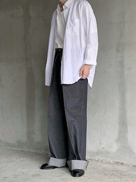 「JOHN LAWRENCE SULLIVAN（ジョンローレンスサリバン）のRIGID DENIM WIDE PANTS（デニムパンツ）」を使った、HeHOさん（メンズ・173cm）の秋コーディネート