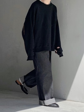 「JOHN LAWRENCE SULLIVAN（ジョンローレンスサリバン）のRIGID DENIM WIDE PANTS（デニムパンツ）」を使った、HeHOさん（メンズ・173cm）の春コーディネート