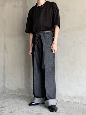 「JOHN LAWRENCE SULLIVAN（ジョンローレンスサリバン）のRIGID DENIM WIDE PANTS（デニムパンツ）」を使った、HeHOさん（メンズ・173cm）の夏コーディネート
