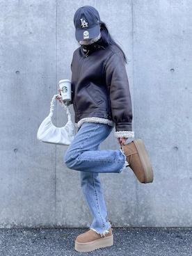 「海外系ファッション」｜「アイテム（ムートンコート）」を使った、Momoさん（レディース・153cm）の冬コーディネート