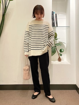 「ボーダーニット」｜「アイテム（バレエシューズ）」を使った、ホンダ マユさん（レディース・152cm）の冬コーディネート