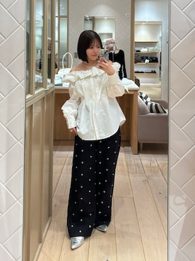「mystic（ミスティック）のコットンキャンディブラウス（シャツ/ブラウス、ホワイト系）」を使った、mamiさん（レディース・158cm）の春コーディネート