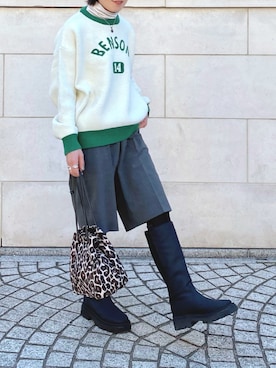 「ロゴニット」｜「アイテム（スラックス）」を使った、𝚝𝚘𝚞.𝚊さん（レディース・152cm）の冬コーディネート