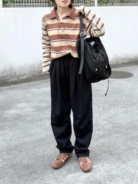 「JEANASIS（ジーナシス）のアソートボーダーポロLS/650641（ポロシャツ、ブラウン系）」を使った、𝚝𝚘𝚞.𝚊さん（レディース・152cm）の春コーディネート