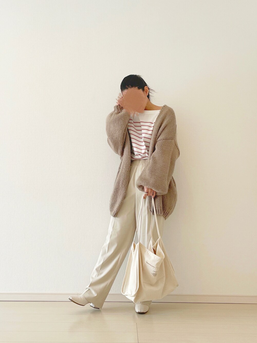 「ootd、春コーデ、大人カジュアル、大人かわいい、春カラー、ボーダー、低身長コーデ、ニットカーディガン、ユニクロ」｜「UNIQLOのアイテム（トップス、ピンク系）」を使った、yuri*さん（レディース・152cm）の春コーディネートの1枚目の写真