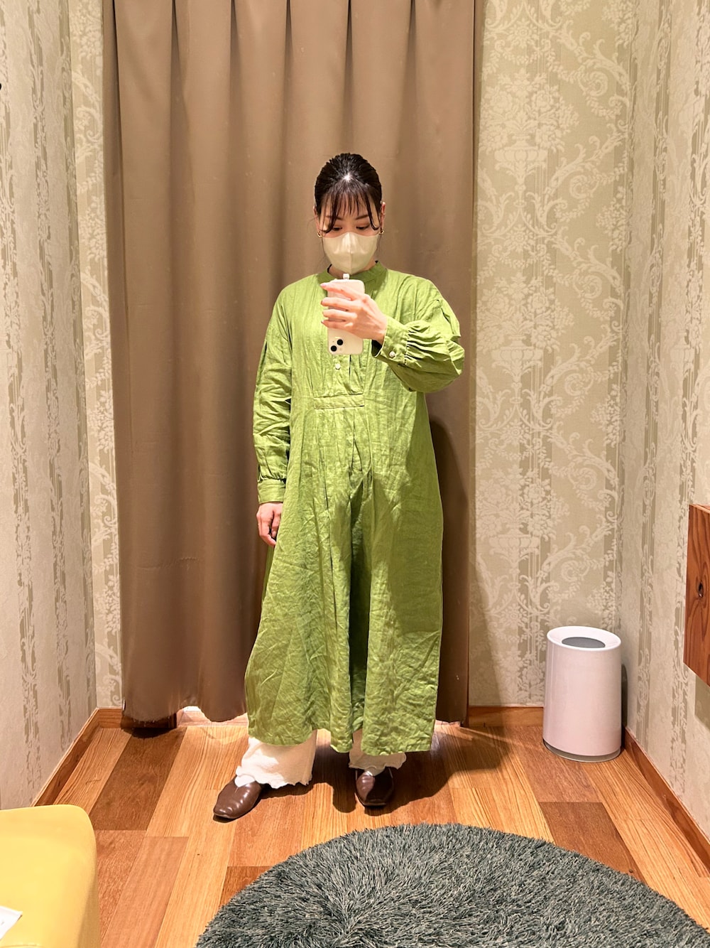 「ゆったりコーデ、春服コーデ、春カラー、ワンピースコーデ、低身長女子」｜「08Mabのアイテム（ワンピース、グリーン系）」を使った、真 花さん（レディース・151cm）の春コーディネートの1枚目の写真